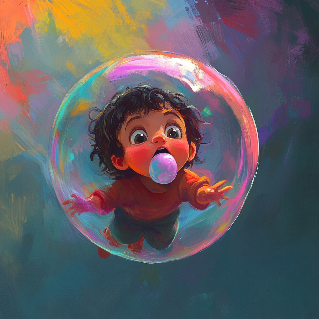 Child in Disney style floats on colorful bubble