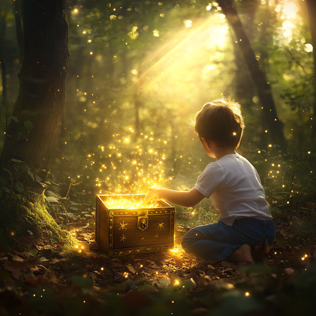 Child in Enchanted Forest Opening Glowing Chest