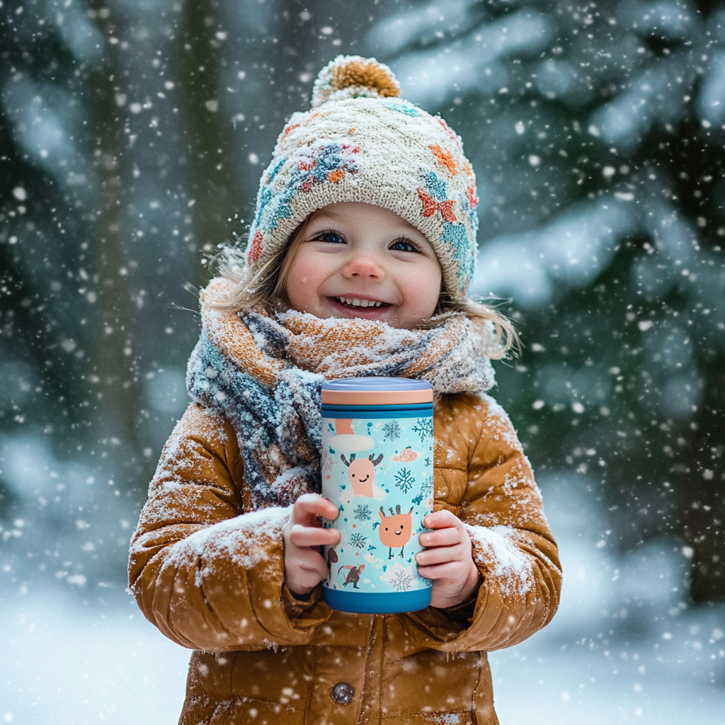 Child in Winter Wonderland park with festive thermos.