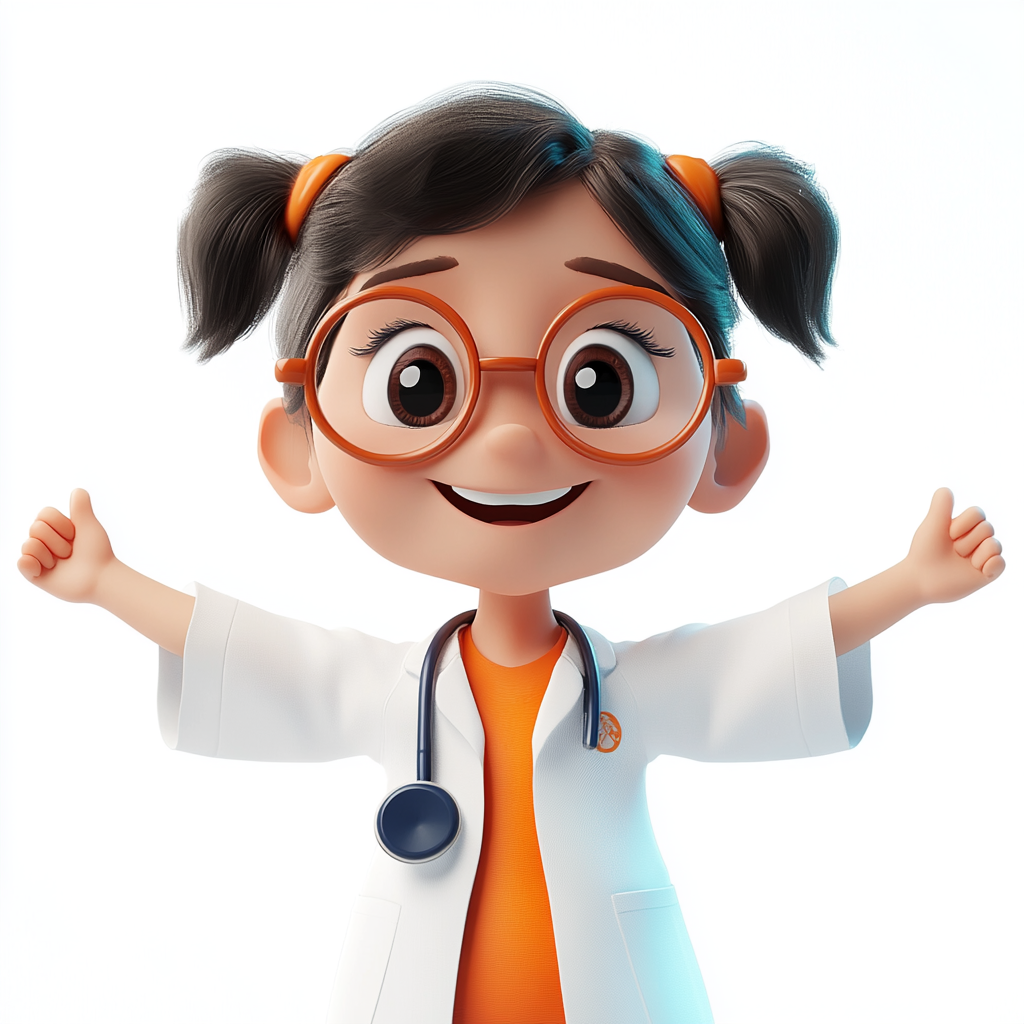 Child in doctor's gown, glasses, cheerful expression, healthy.