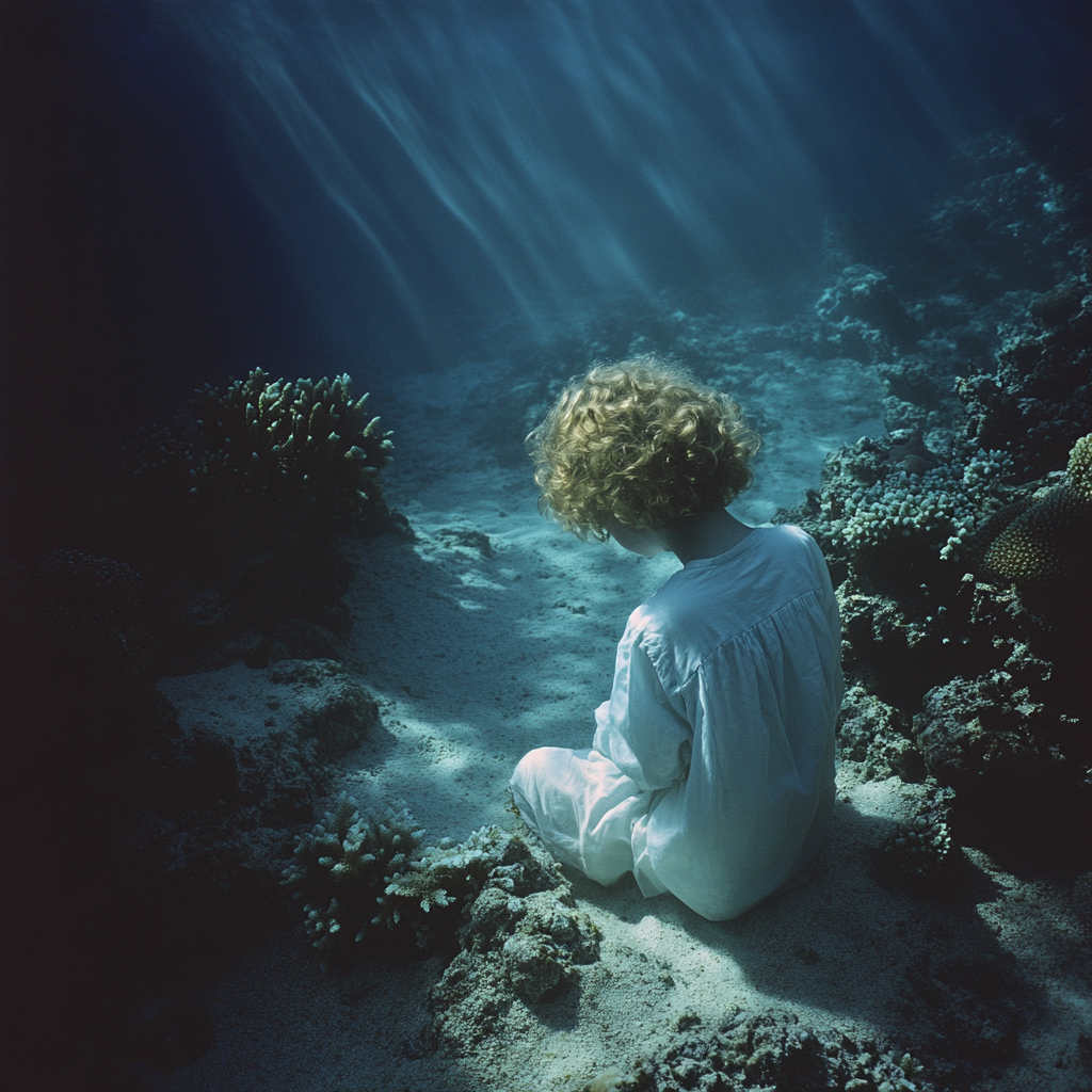 Child in ocean gazing down at coral reefs.