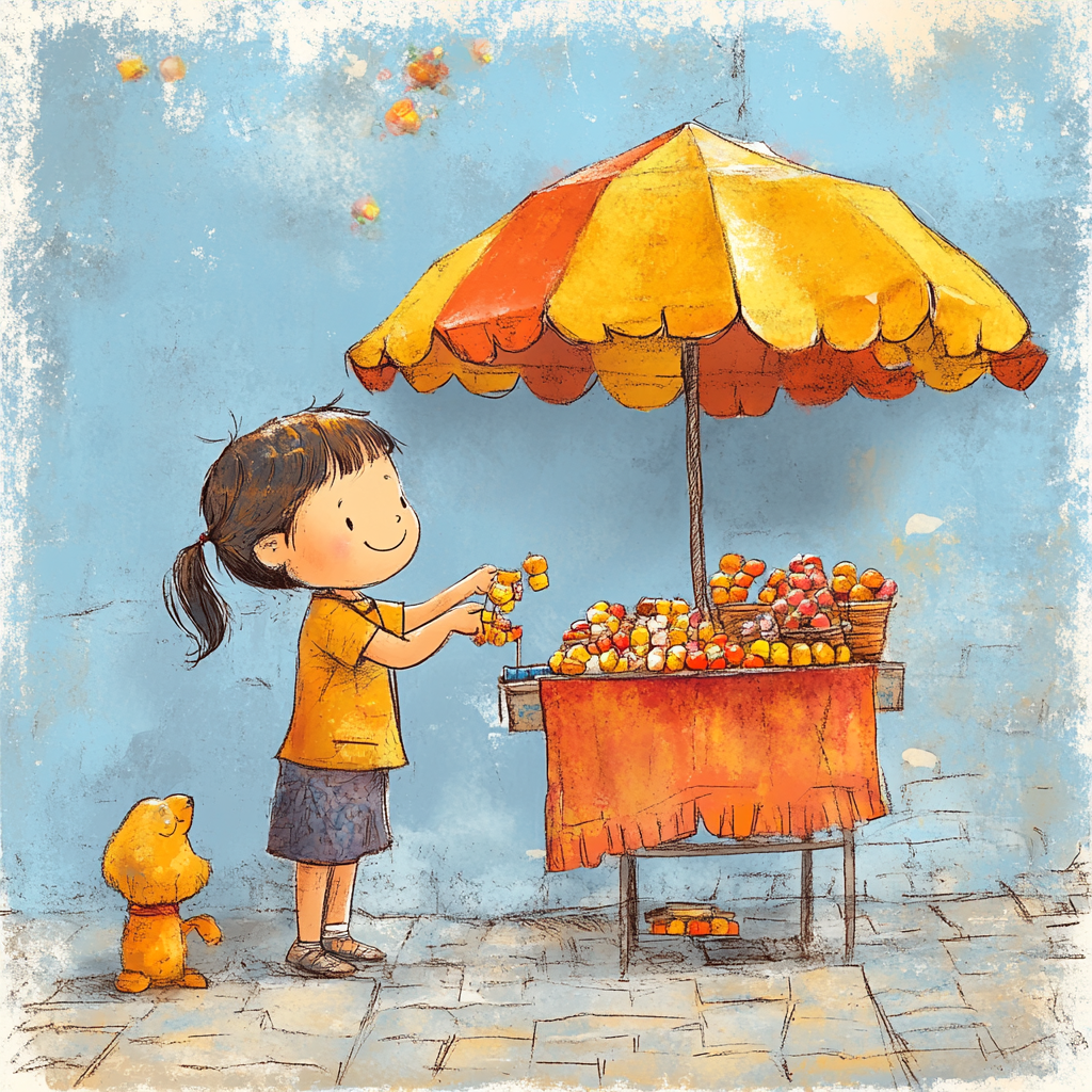 Child in yellow and blue outfit selling sweets happily.