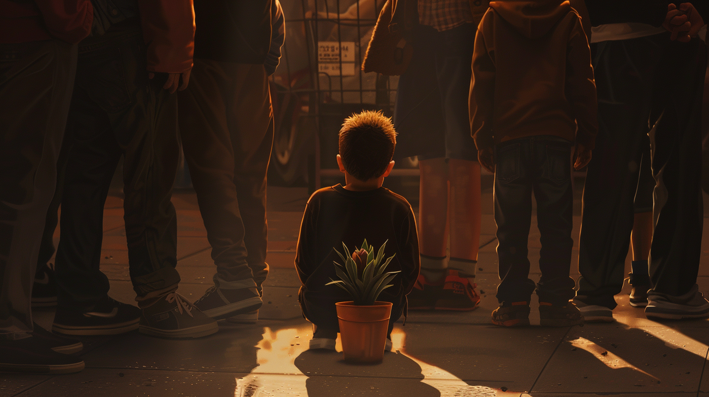 Child looks at empty pot, people turn away.