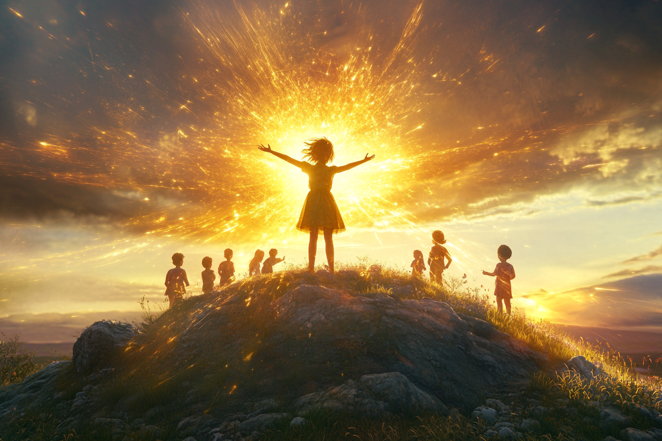 Child on hilltop shouting, glowing with golden rays, brightening Earth.