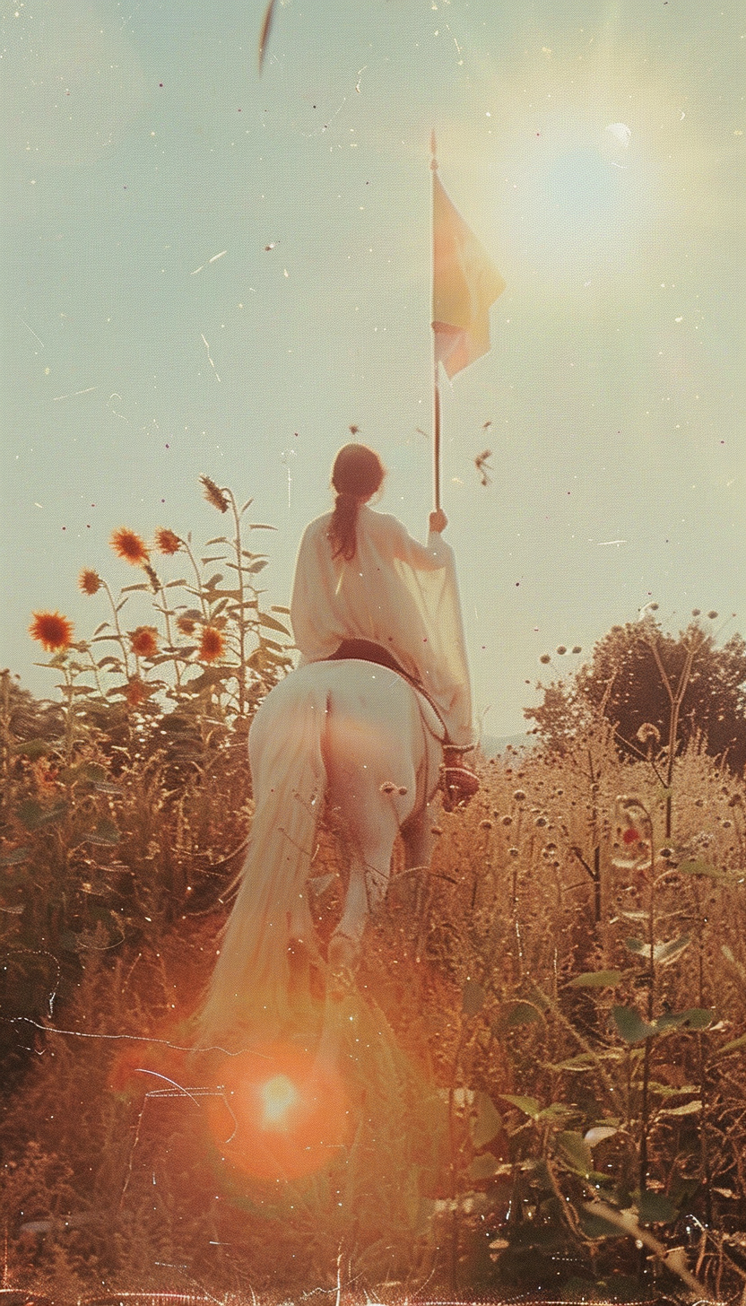 Child on majestic horse with red flag under radiant sun.