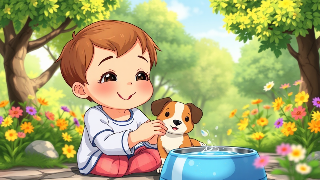 Child petting animal in colorful nature setting.