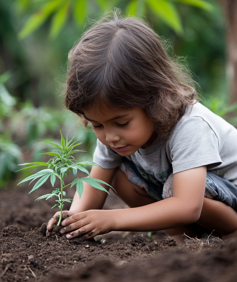 Child planting hemp seedling in vibrant, lush community garden.