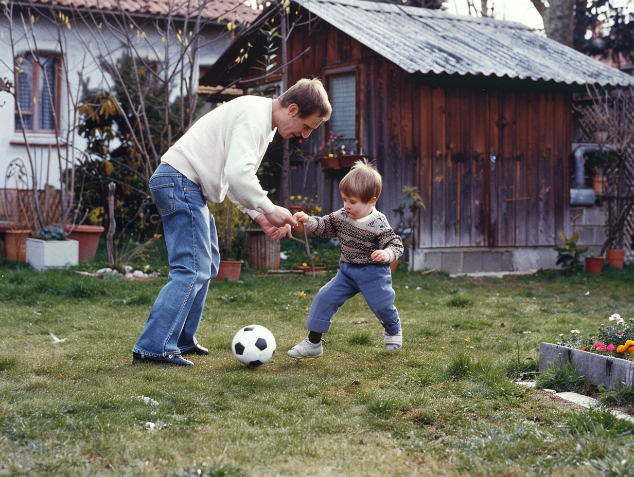 Child practicing football skills with parent in backyard