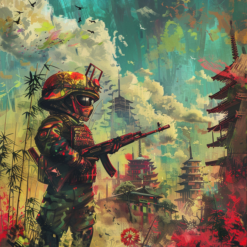 Child soldier in samurai mask with gun