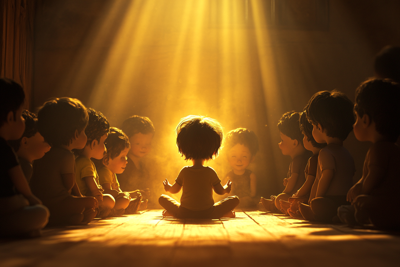 Child surrounded by glowing group of children in 3D artwork.