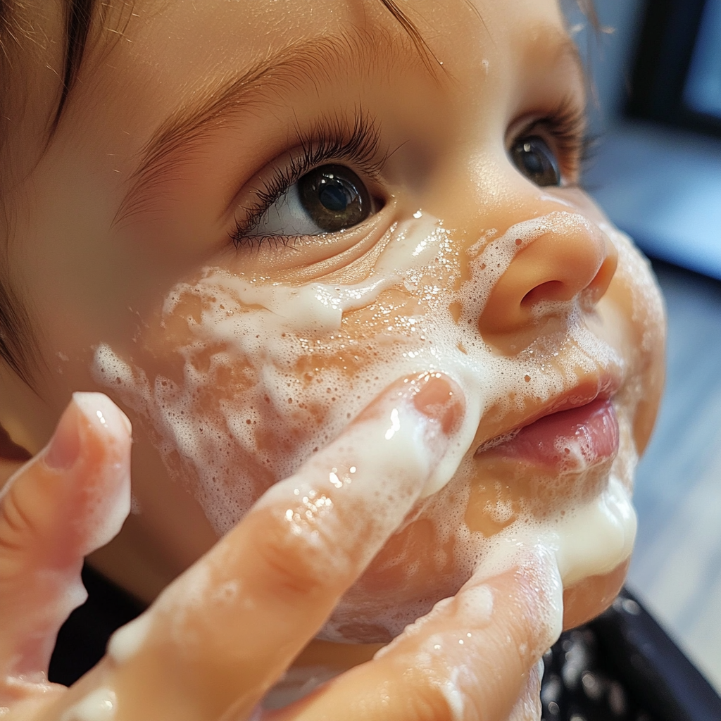 Child with mud mask applying product on cheek gently.