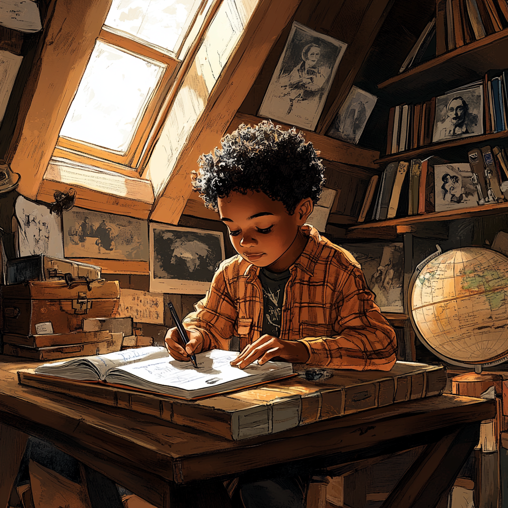 Child writes cherished story in warmly lit attic.