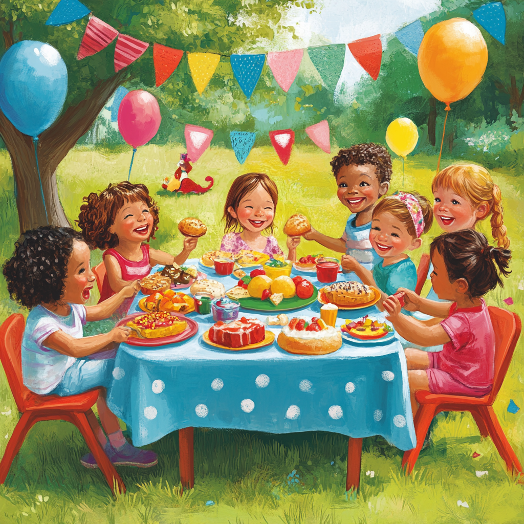 Children's Day Celebration: Happy Kids Eating Together Outdoors