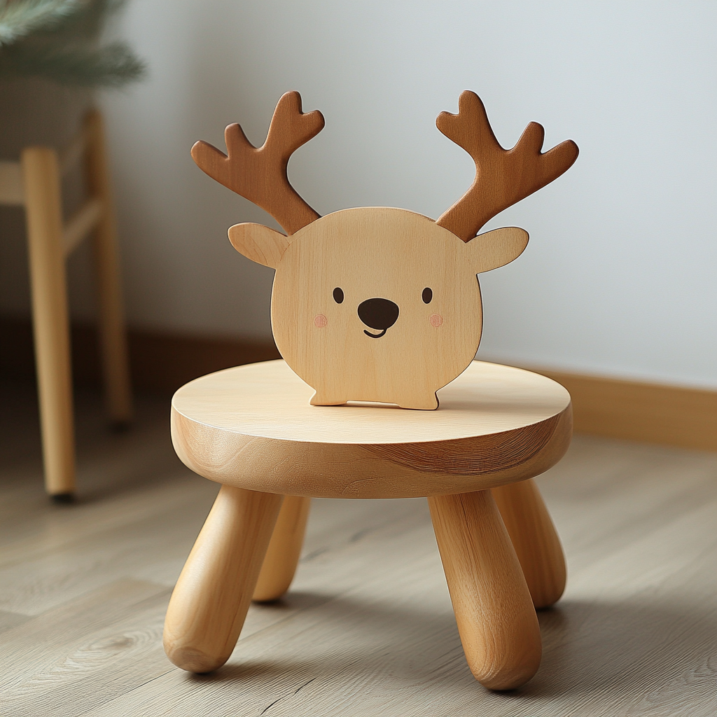 Children's Deer Style Backrest Stool in Solid Wood 