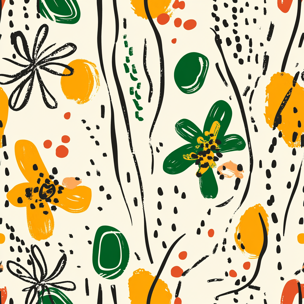 Children's Floral Drawings on Beige Seamless Pattern