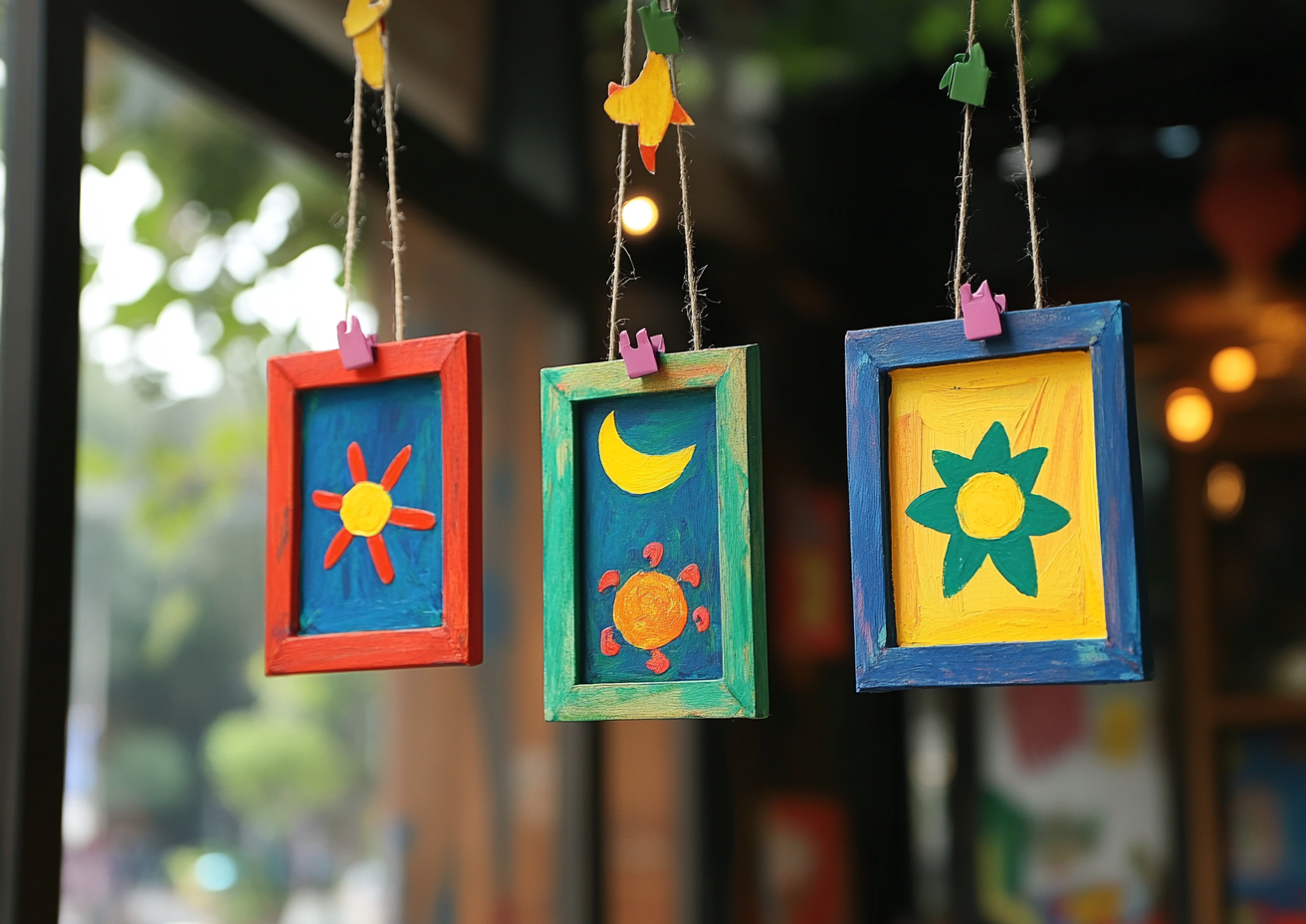 Children's artworks hung in frames for holiday decorations pride.