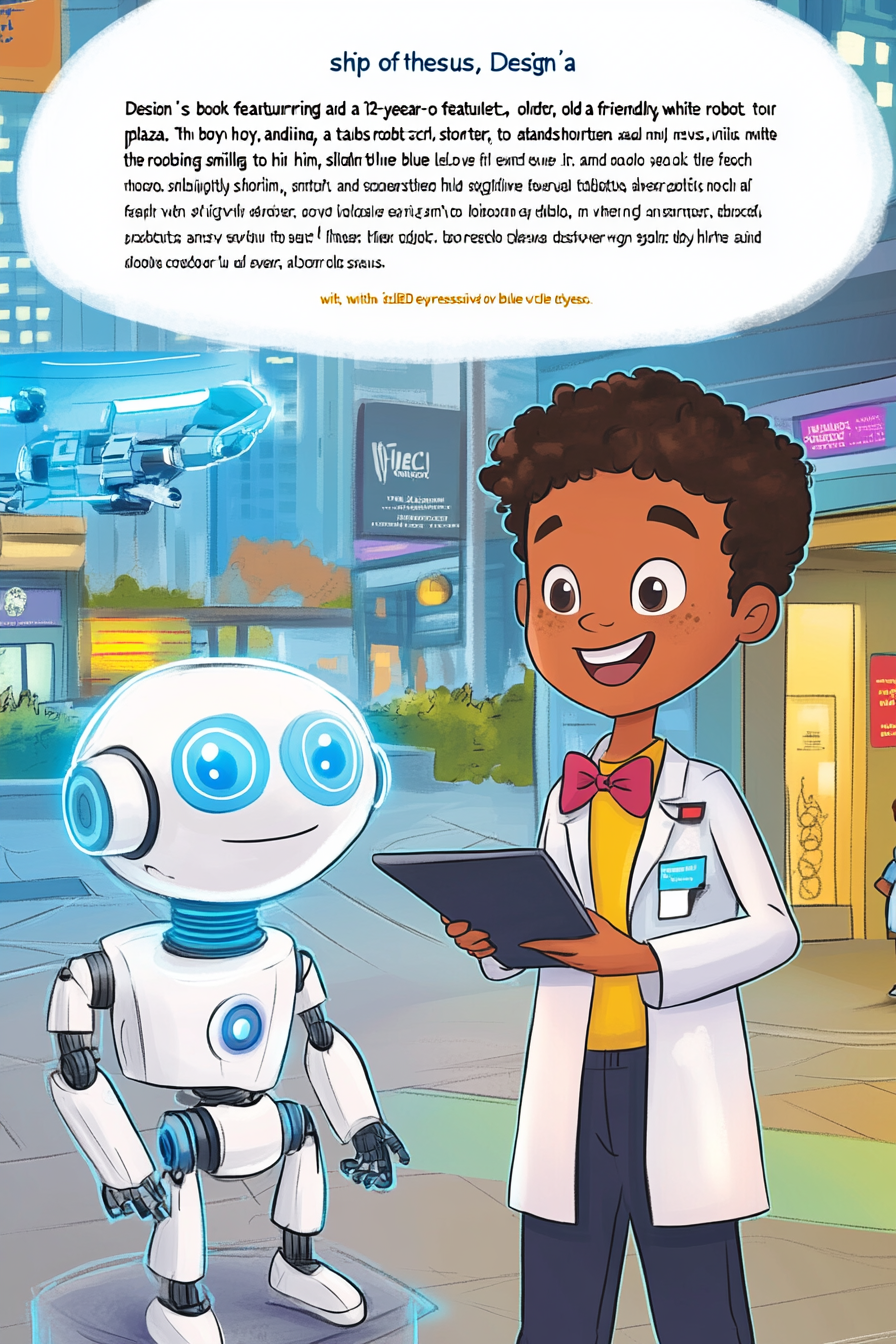 Children's book cover: 12-year-old boy, friendly white robot