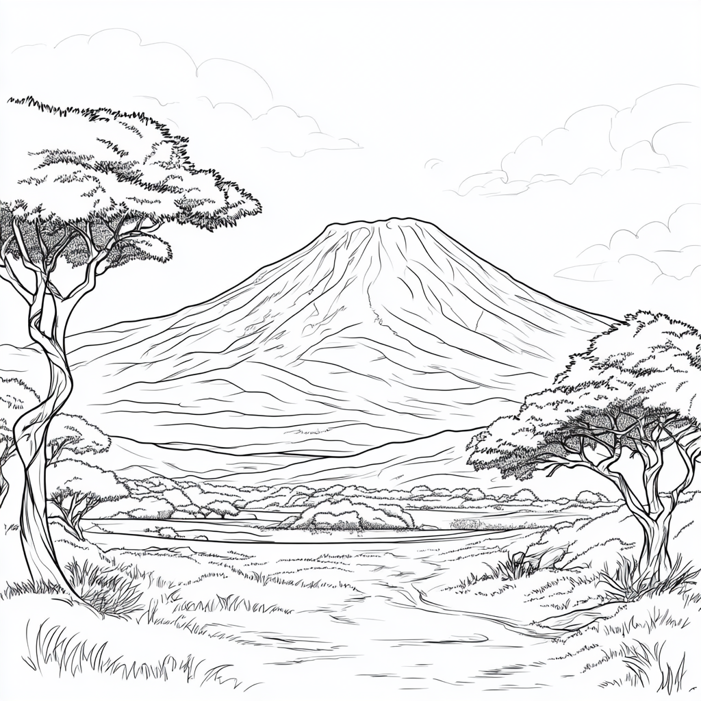 Children's coloring book illustration of Mount Kilimanjaro with savannah.