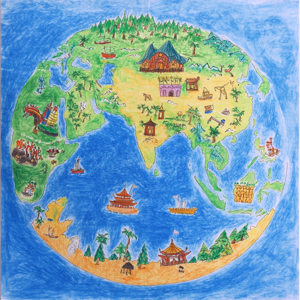 Children's drawing: World map with Asia and Pacific.