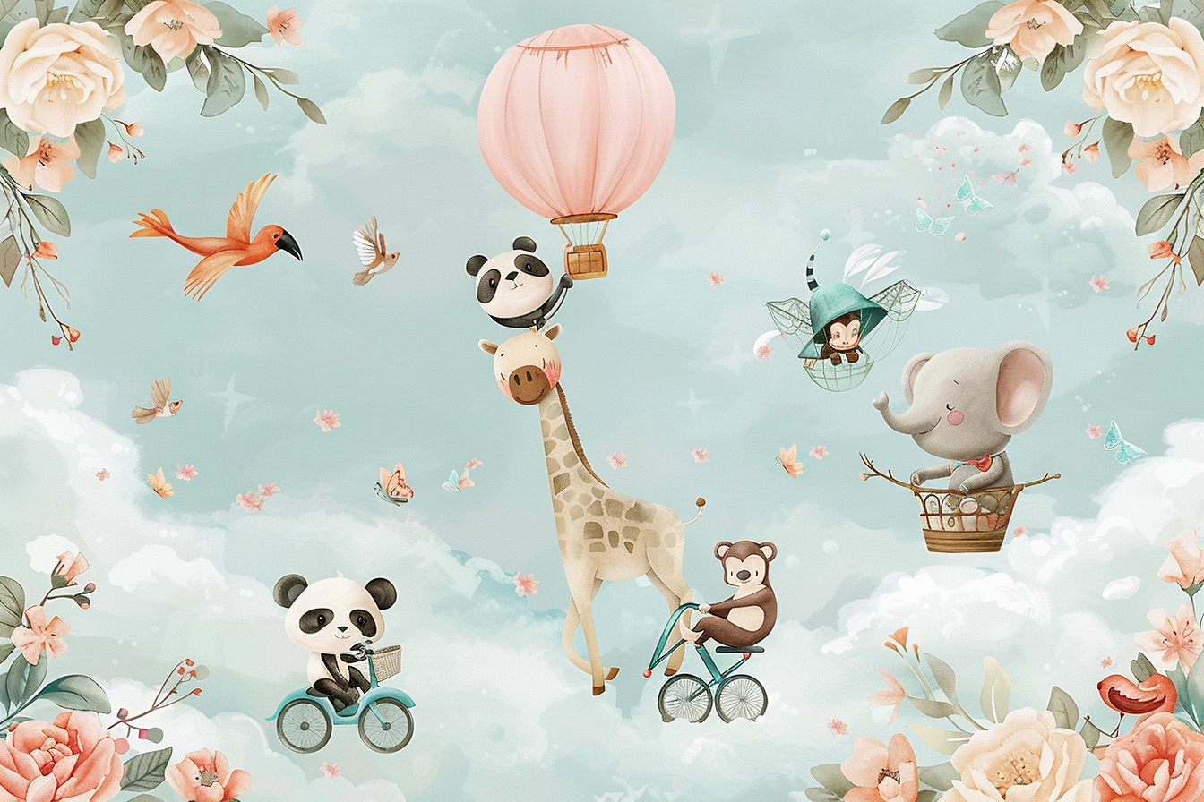 Children's mural with whimsical animals, colorful balloons, flowers.