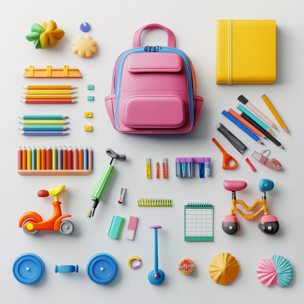 Children's store products displayed neatly on white background.