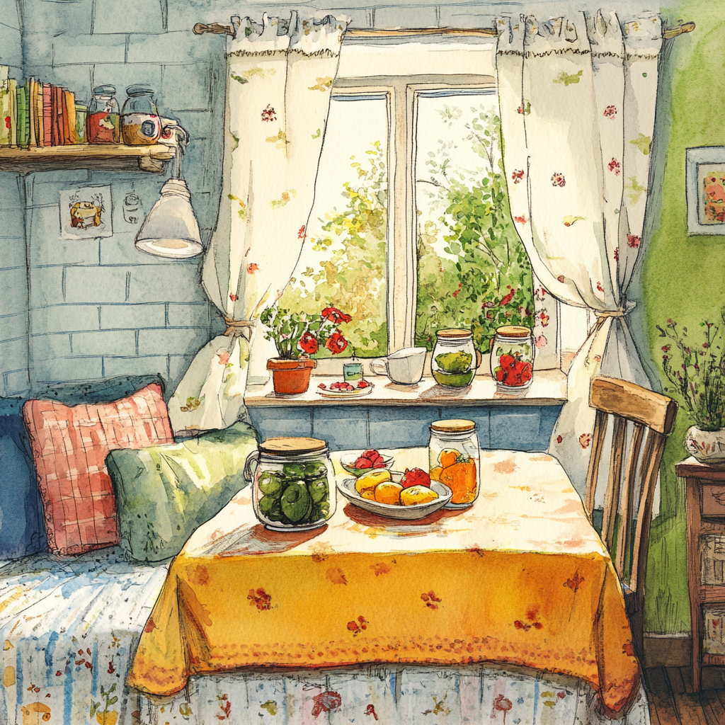 Children's watercolor of cozy kitchen in apartment