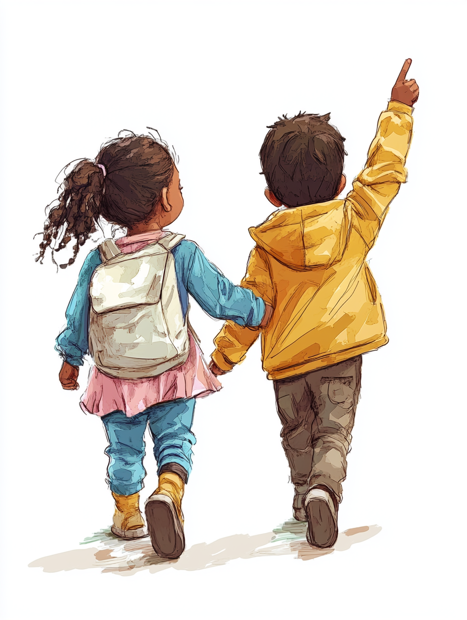 Children, boy and girl, of different races, walk happily