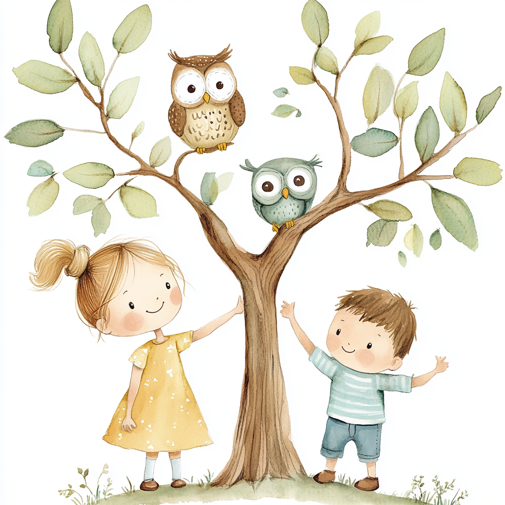 Children Observing Owl in Watercolor Illustration