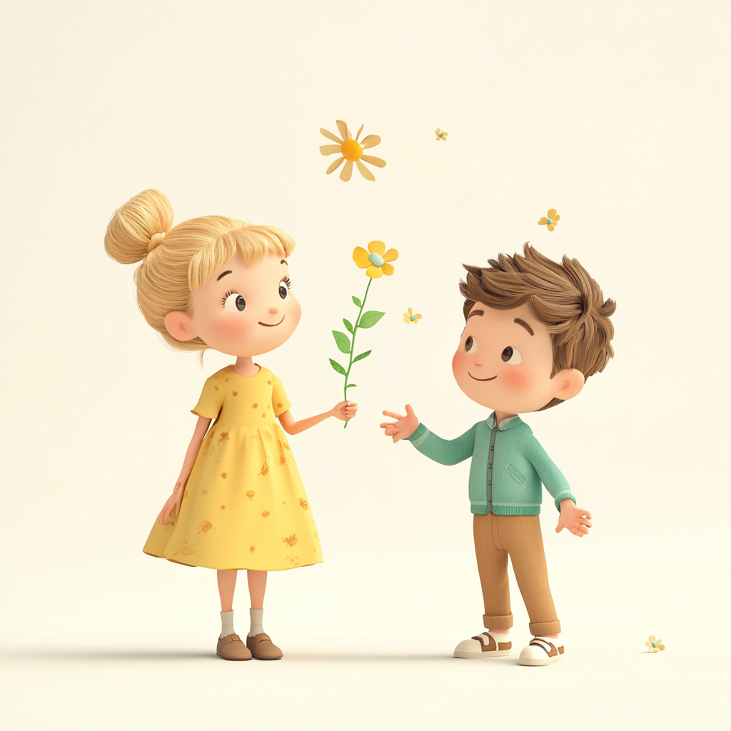 Children Talking in Wind with Cartoony Characters, Spring Colors