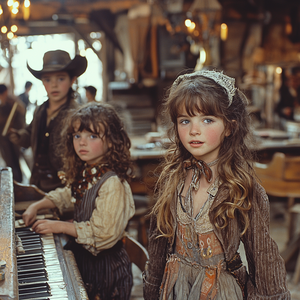 Children acting out cowboy movie scene in bar.