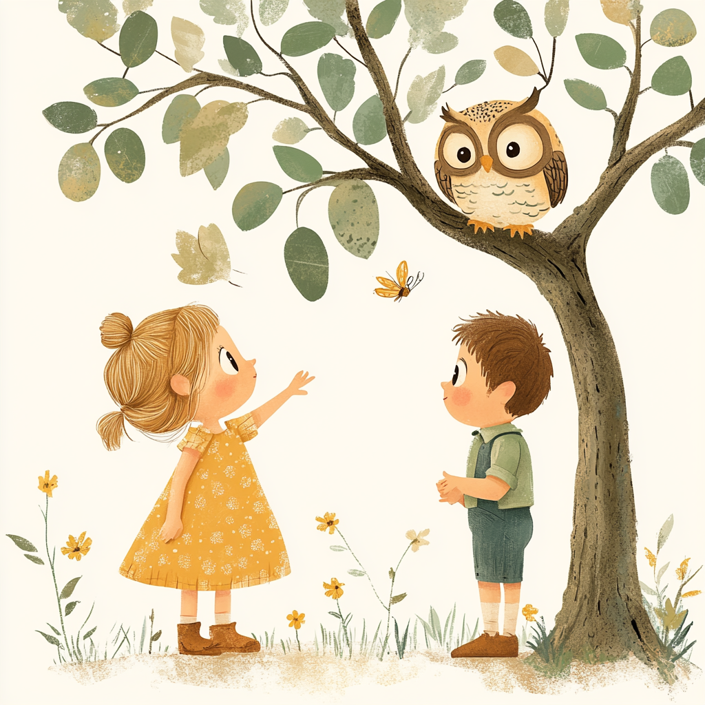 Children admiring owl in springtime watercolor illustration