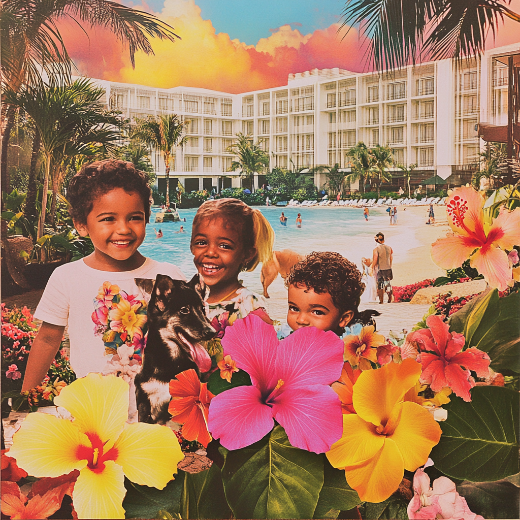 Children and pets enjoy Hawaii hotel sunset