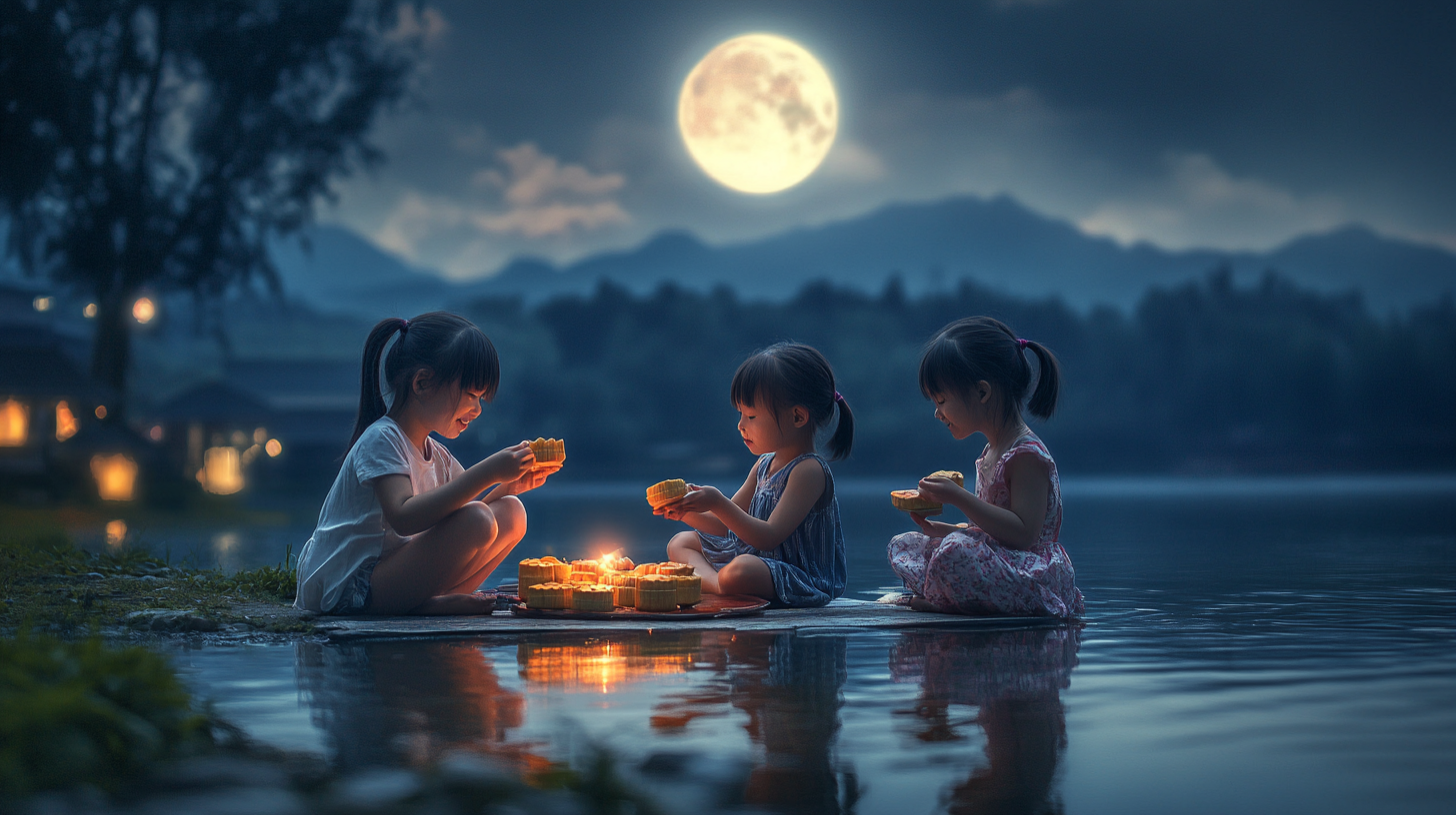 Children celebrate Mid-Autumn Festival with mooncakes and fruits.