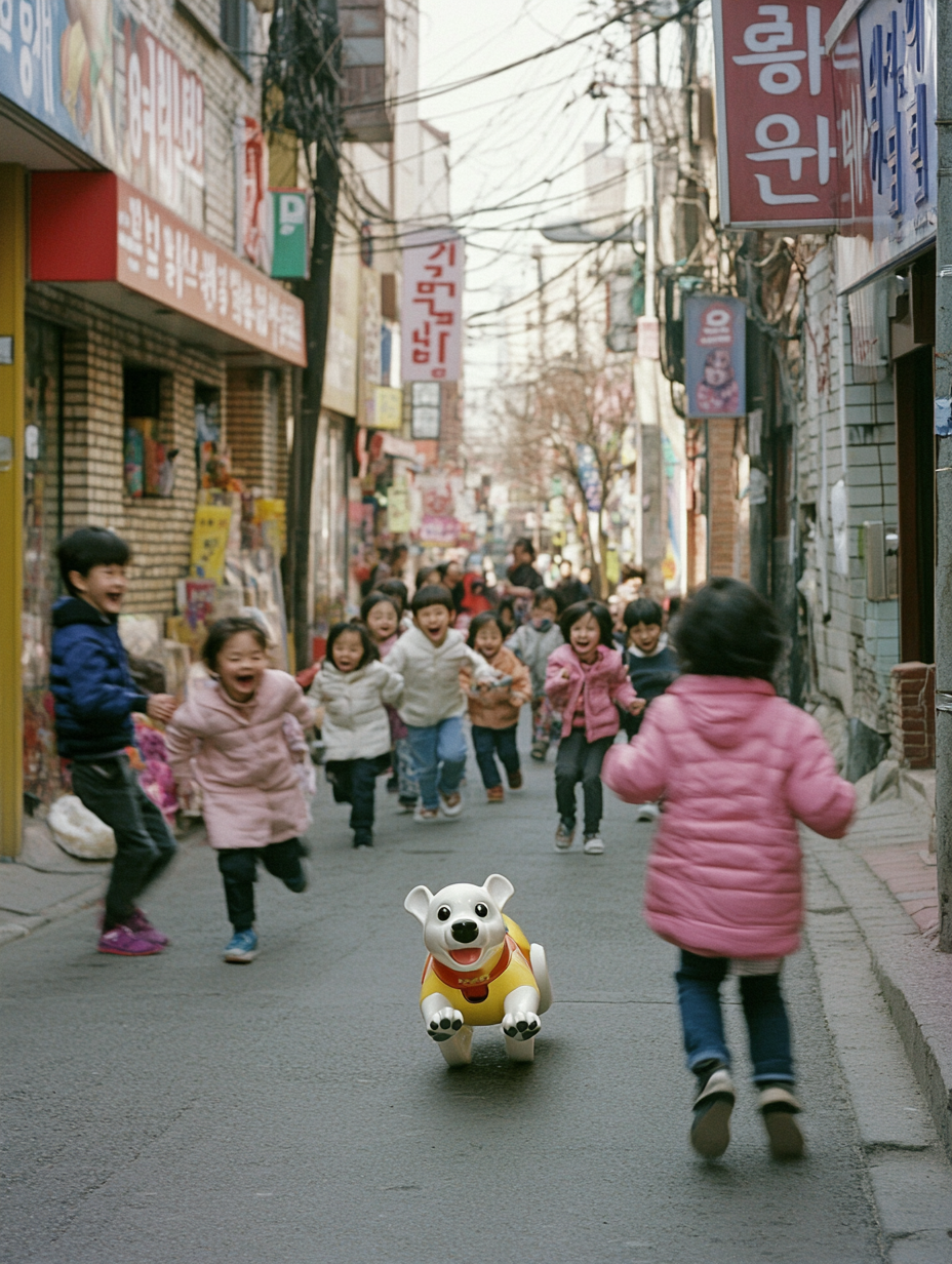 Children chasing laughing robotic dog on Seoul street