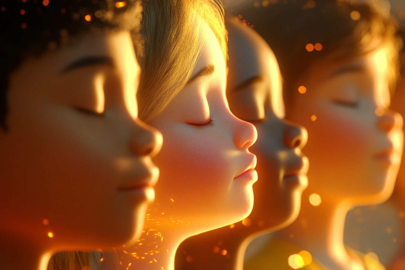 Children from different backgrounds with eyes closed glowing gold.