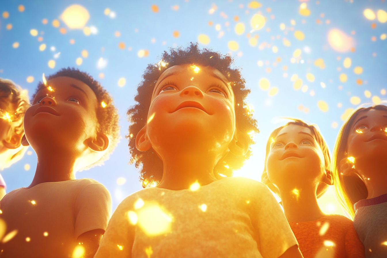 Children glowing with golden light under blue sky.