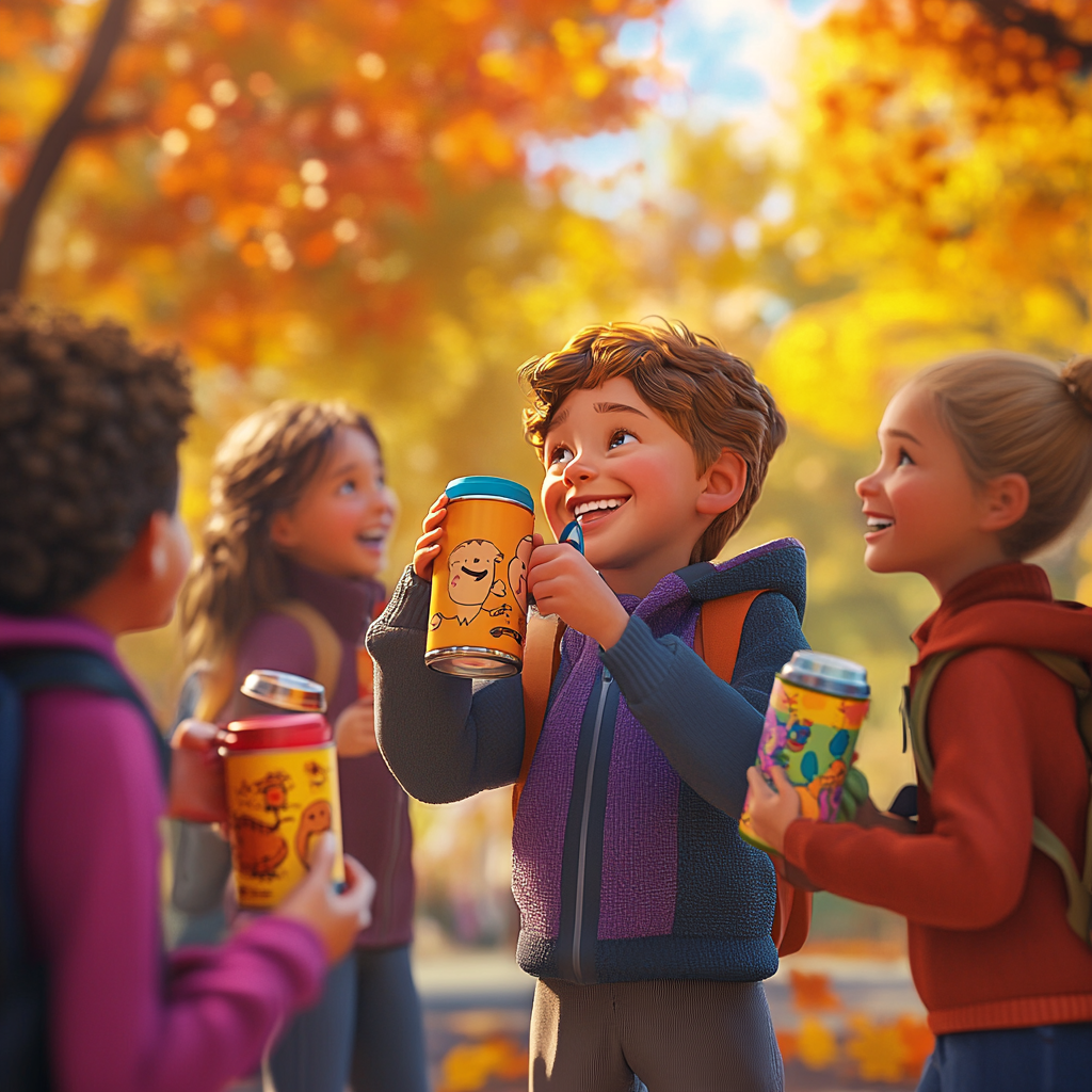 Children having fun drinking from colorful thermos cups.