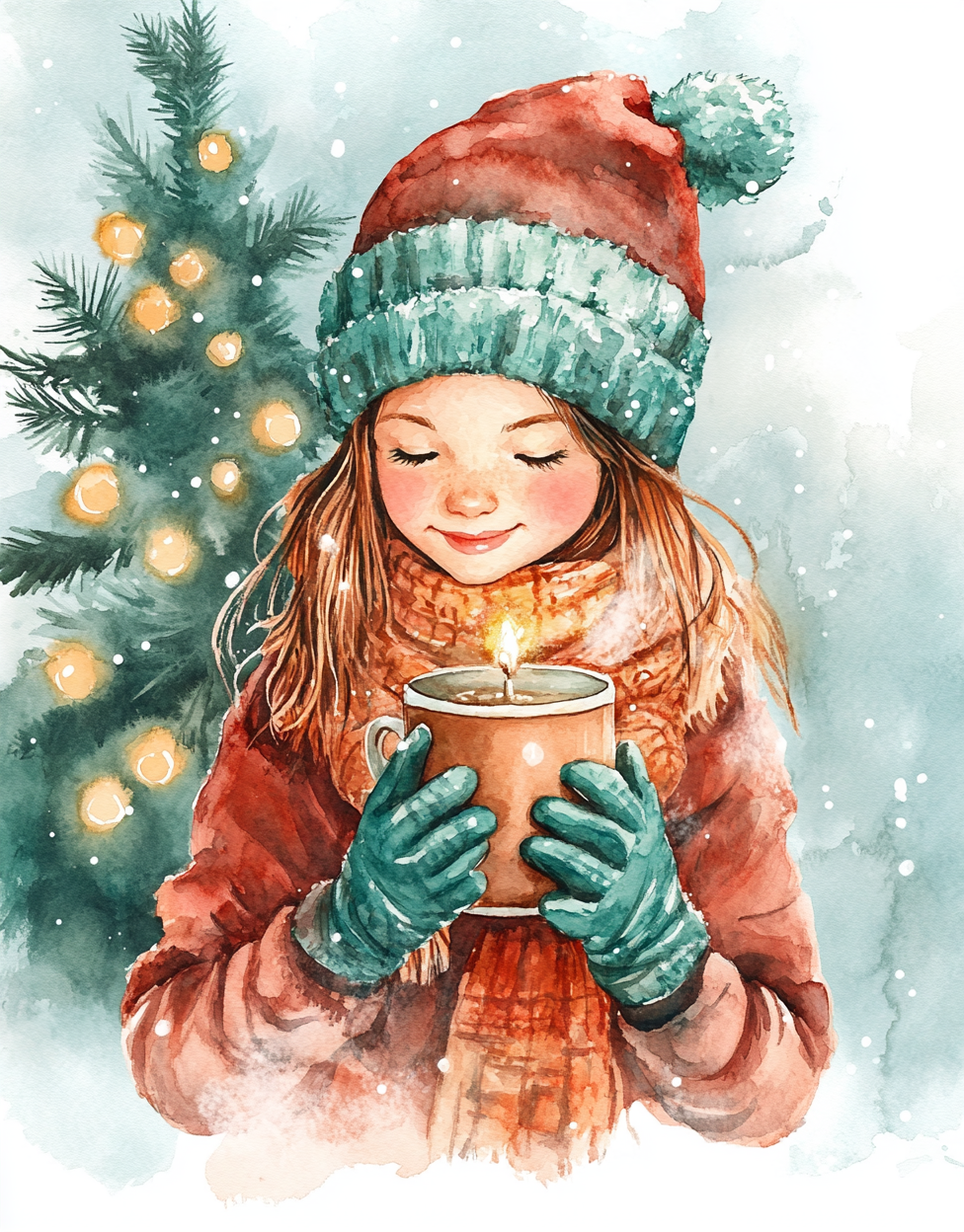 Children holding Christmas mug in winter watercolor painting