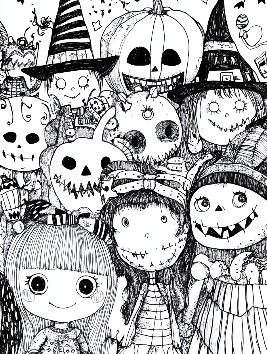 Children in Halloween costumes, masks, thick lines sketch.