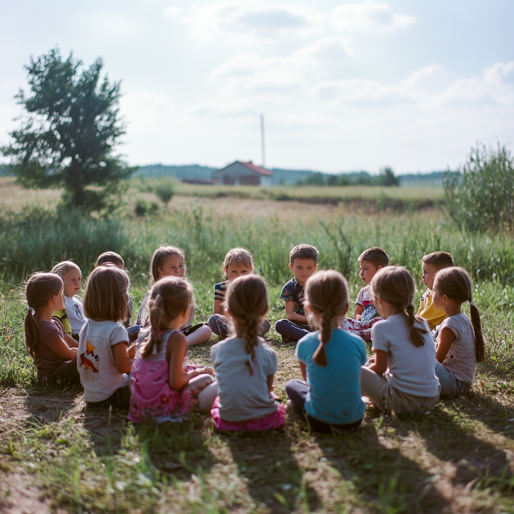 Children in Ukraine share dreams in peaceful field.