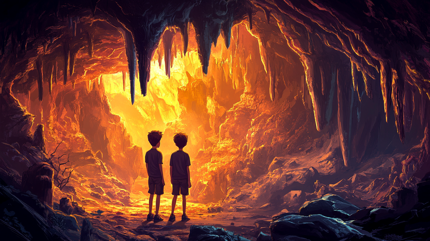 Children in colorful cave with rock formations