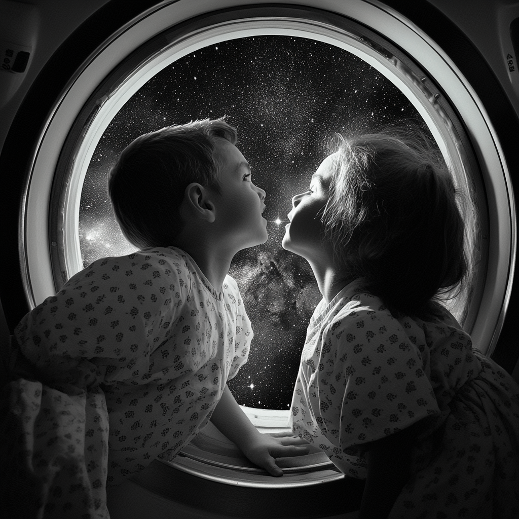 Children in hospital gowns peer into spaceship window.