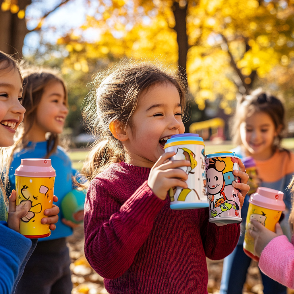 Children in schoolyard happily socializing with thermos cups.