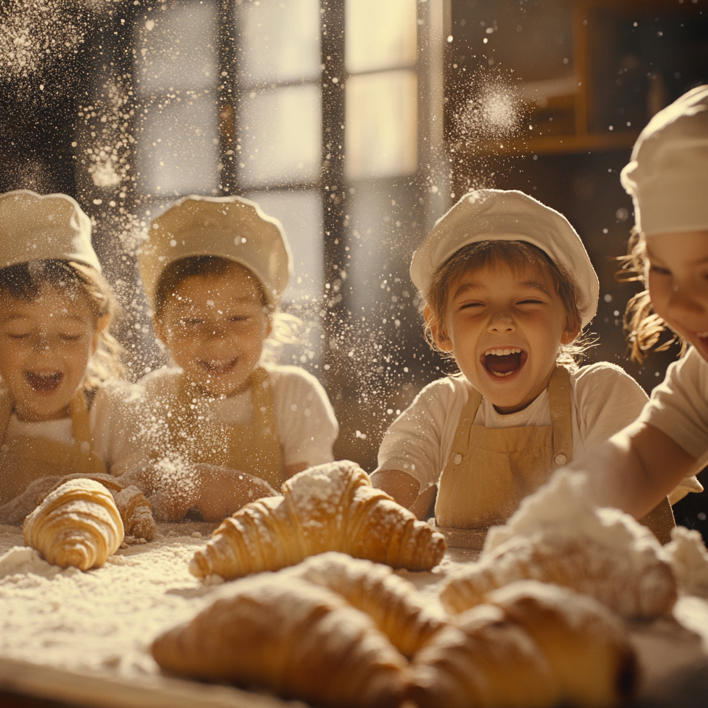 Children joyfully bake croissants in magical bakery