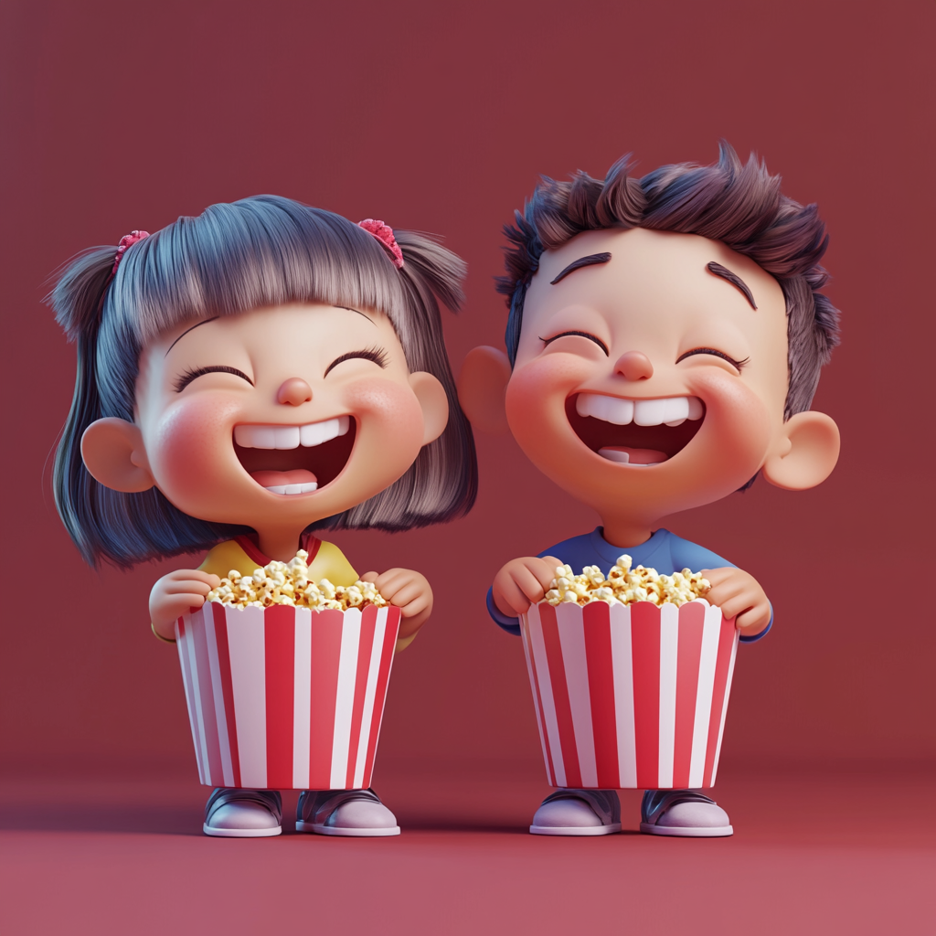 Children laughing while eating popcorn and watching animated movie.