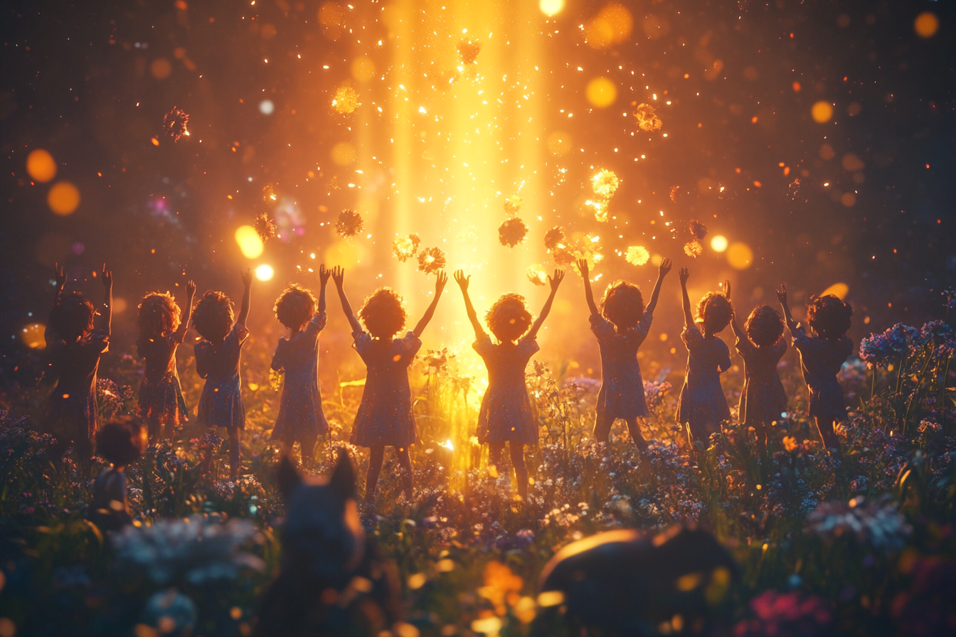 Children lift arms, light beams clear darkness, flowers bloom.