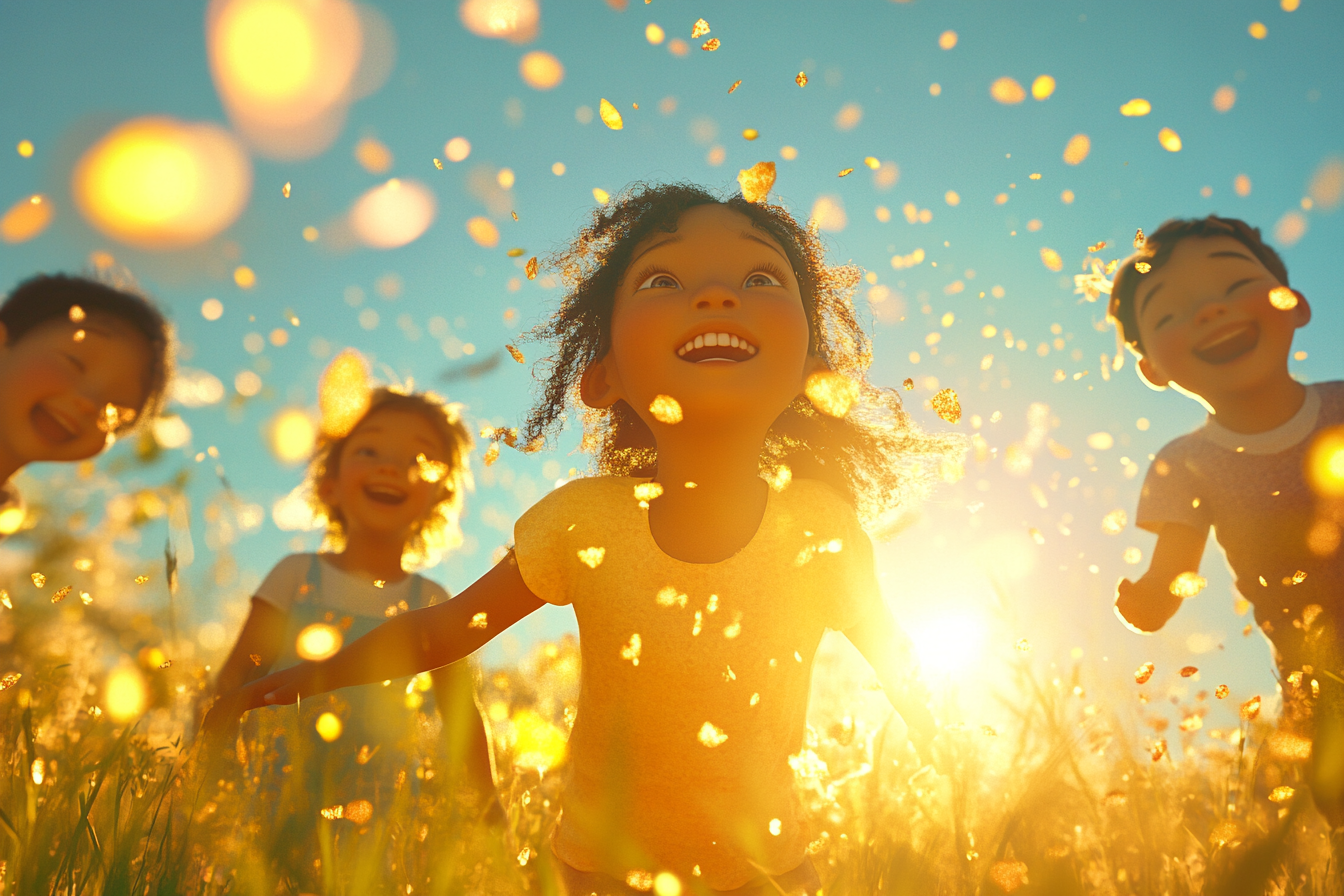 Children of different races in golden light outdoors.