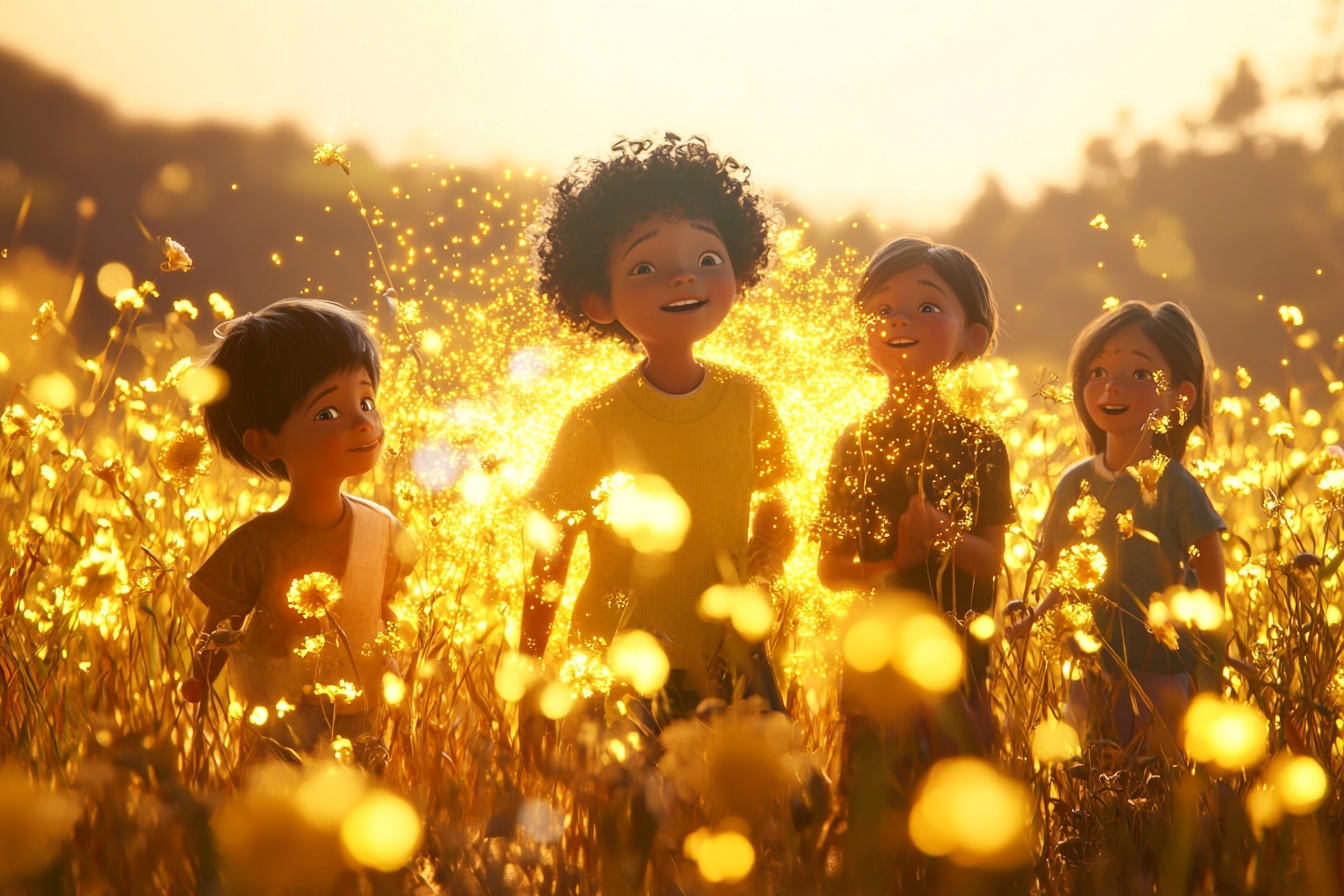 Children of various races illuminated by golden light outdoors.