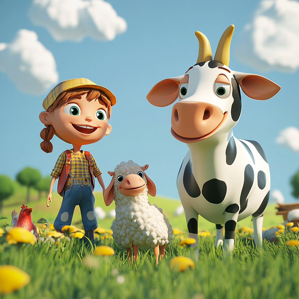 Children on farm, animals, having fun in cartoon.