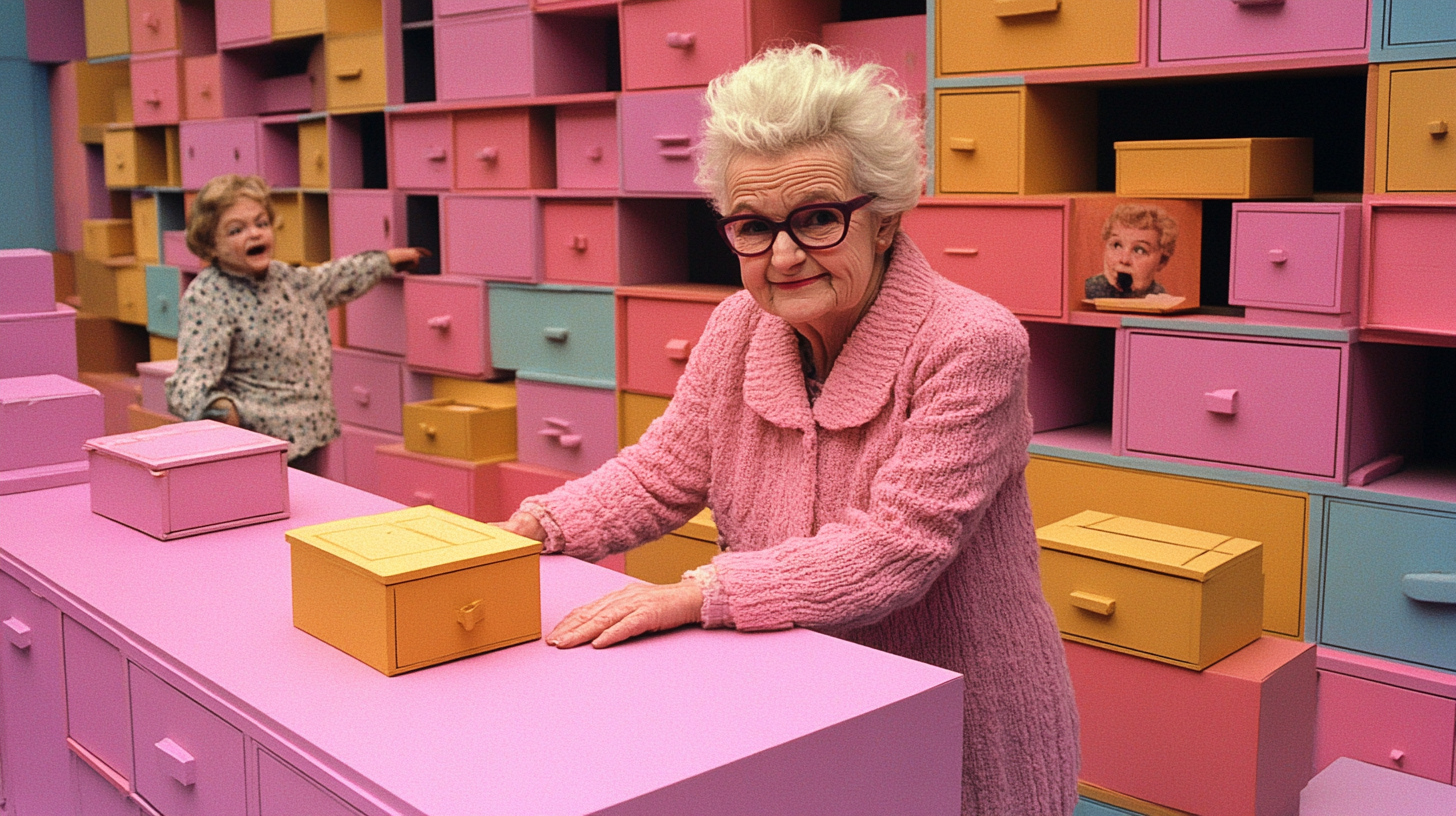 Children pick sad grannies in small boxes, pastel colors.